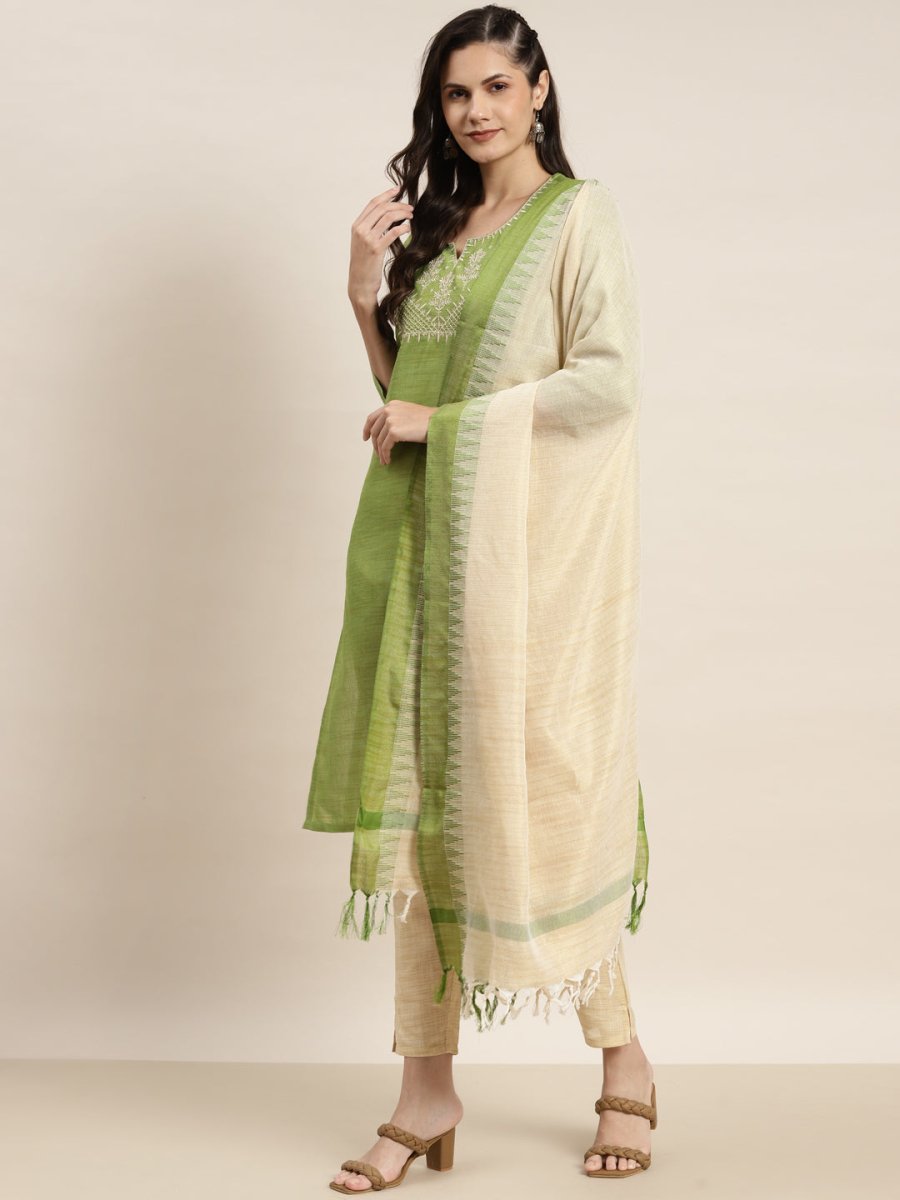Yoke Design Cotton Women Silk Kurta with Trousers & Dupatta - JOKS_D35G_1465_Green_S